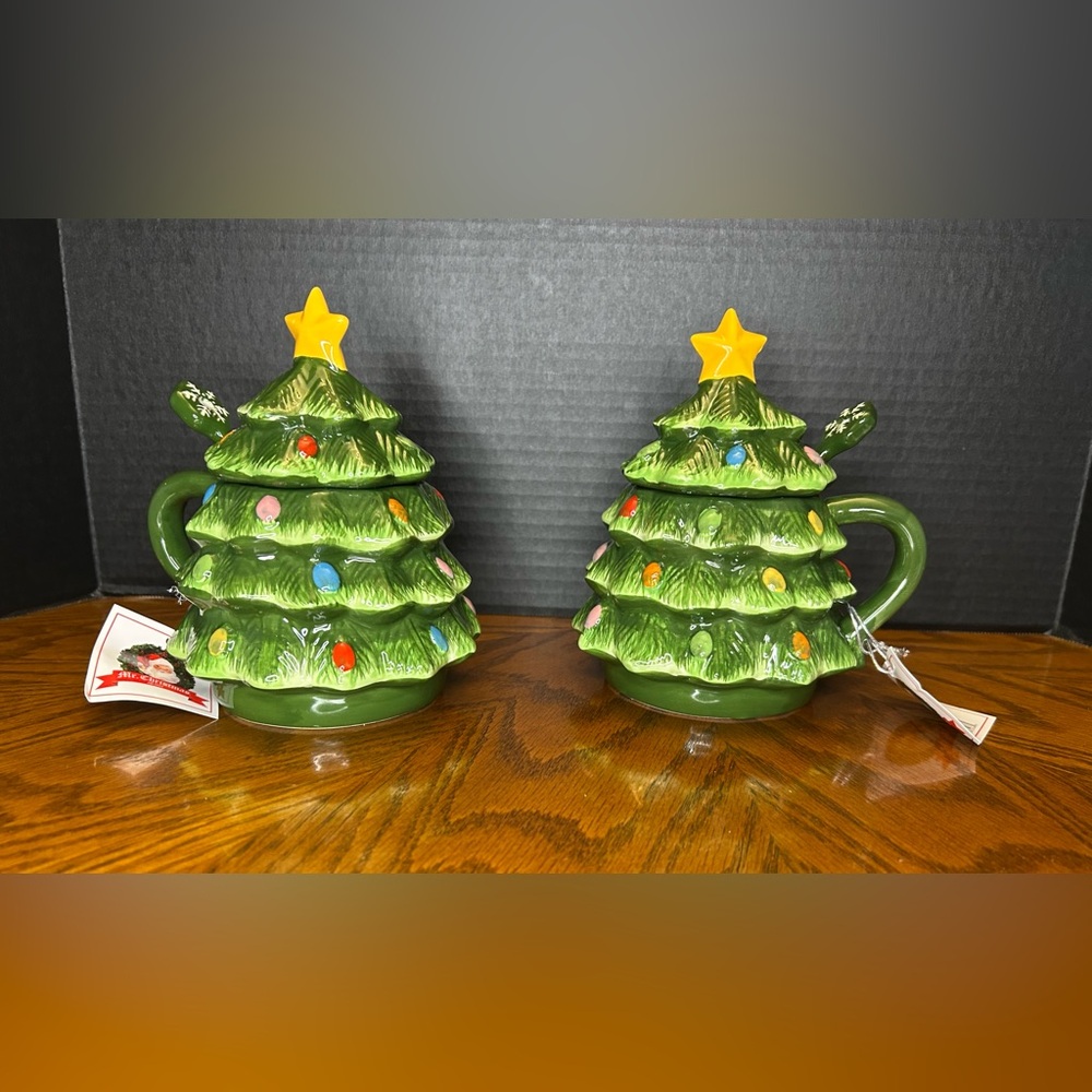 Mr. Christmas Green Nostalgic Tree Mug w/ Lid Spoon 16 oz Classic Set of 2 NEW - Picture 3 of 14